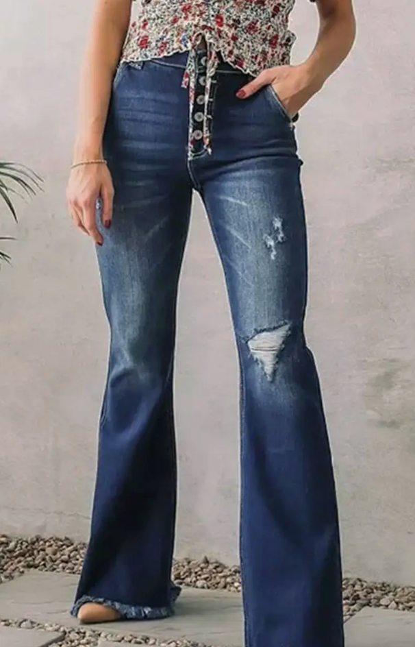 Dark Blue High Rise Stretch Flared Denim Jeans