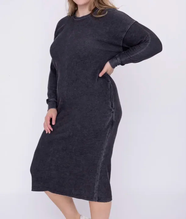 Mineral Washed Lounge Dress With Pockets - Curvy