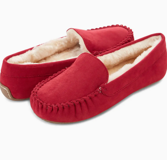 Women's Red Memory Foam Faux Fur Moccasins